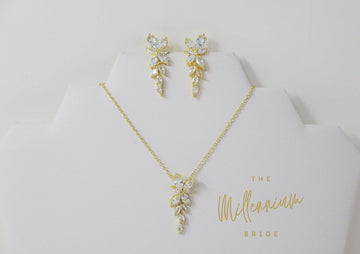 Cubic Zirconia Diamond/ Crystal Leaves, Long Bridal Jewelry, Bridal Earrings And Necklace, Crystal Bridal Earrings, Statement Earrings Cz